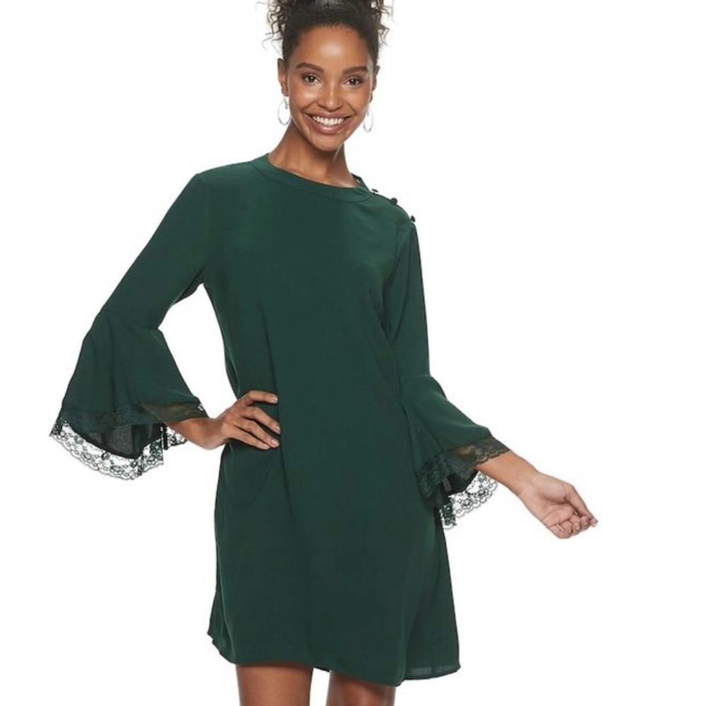 Hailey Lynn bell sleeve lame trim shift dress